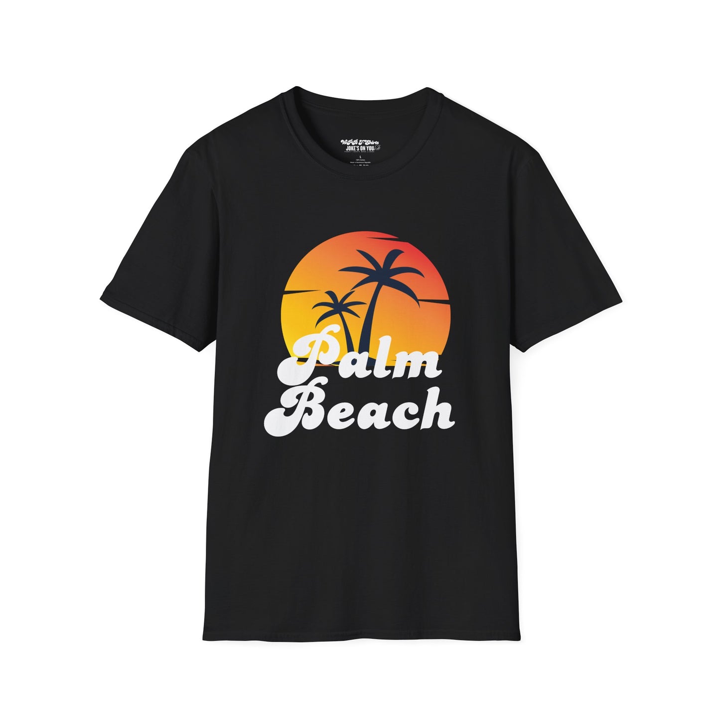 Palm Beach Souvenir T-Shirt vintage retro sunset on a black unisex cotton t-shirt